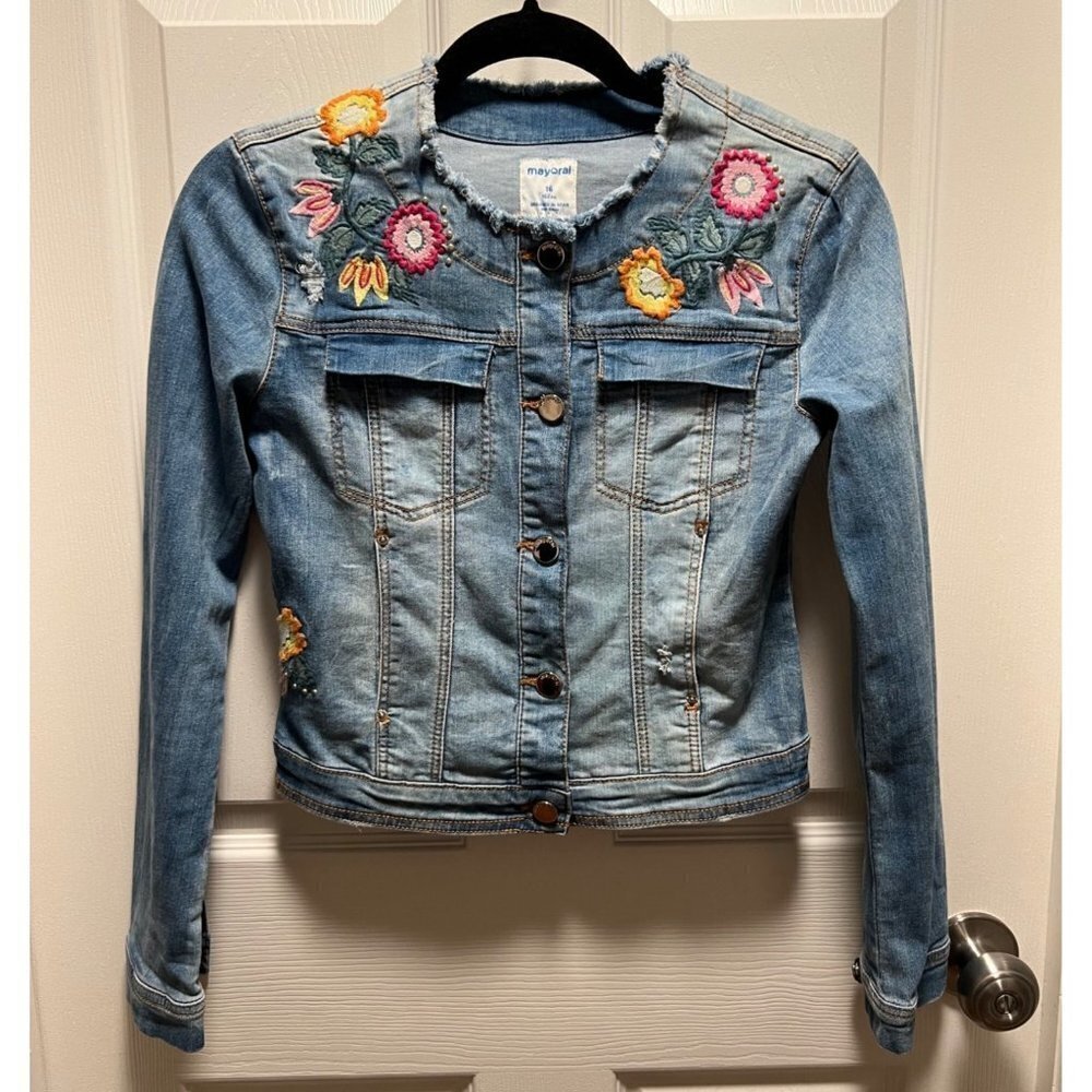 Mayoral | Denim Jean Jacket Embroidered Flowers Sz 16 Girls